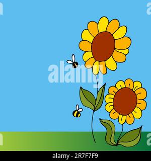 L'image d'un Deux tournesols et deux abeilles. Illustration de Vecteur