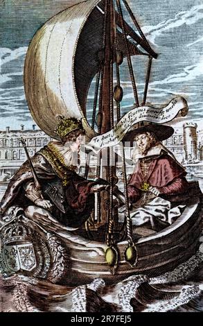 Allégorie du cardinal de Richelieu (1585-1642) à la barre du bateau d'État en compagnie du roi Louis XIII (1601-1643), gravure, France, XVIIème siècle - allégorie du Cardinal de Richelieu (1585-1642) à la tête du bateau d'État avec le Roi Louis XIII (1601-1643), gravure, France, 17th siècle Banque D'Images