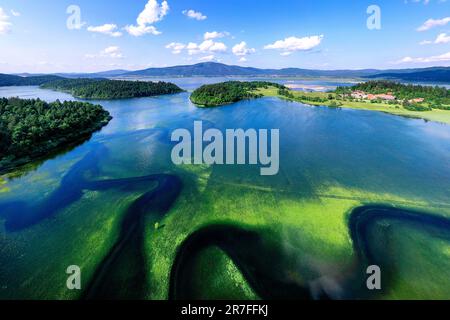 Vue aérienne d'un spectaculaire lac Cerknica, l'un des plus grands lacs intermittents d'Europe, par une belle journée d'été, Cerknica, Slovénie Banque D'Images