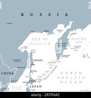 Mer d'Okhotsk, carte politique grise. Marginal Pacific Sea, situé entre la péninsule du Kamchatka, les îles Kouriles, Hokkaido, Sakhaline et la Sibérie. Banque D'Images