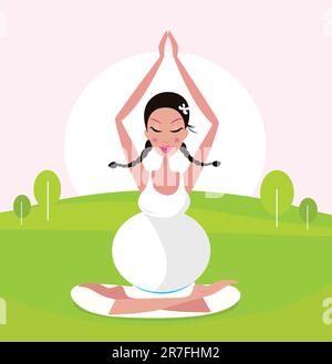 Femme enceinte relaxante en robe blanche méditant / pratiquant le yoga dans la nature. Illustration vectorielle. Illustration de Vecteur