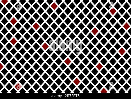 Grille en mosaïque abstraite en noir, blanc et rouge, fond en maille de forme carrée. Il peut être répété parfaitement. Grille, motif de treillis. Banque D'Images