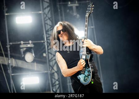 Solvesborg, Suède. 07th, juin 2023. Le groupe américain de thrash Metal Testament donne un concert en direct pendant le festival de musique suédois Festival de rock de Suède 2023 à Solvesborg. Ici, le guitariste Alex Skolnick est vu en direct sur scène. (Crédit photo: Gonzales photo - Terje Dokken). Banque D'Images