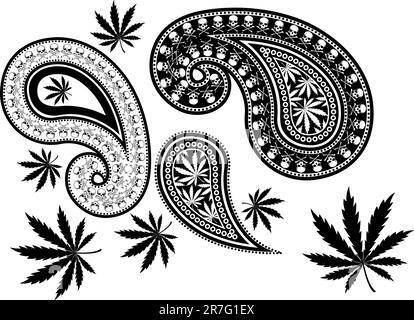 motif cachemire frais avec os croisés crâne et feuilles de cannabis en format vectoriel, objets individuels Illustration de Vecteur