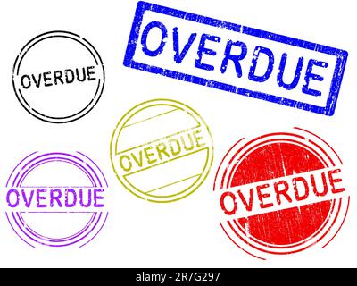 5 Grunge Effect Office Stamp avec le mot EN RETARD dans un texte grunge spladged. (Les lettres ont été spécialement conçues et créées à la main) Illustration de Vecteur