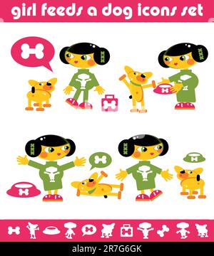Girl Feeds a Dog Icons Set Vector Illustration de Vecteur