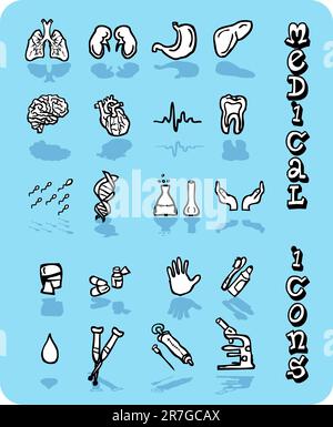 Icônes médicales vectorielles, noir et blanc sur fond bleu Illustration de Vecteur