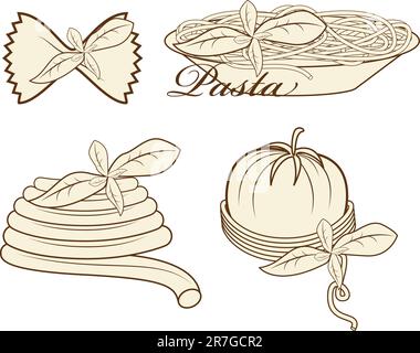 Image vectorielle avec éléments pour le menu : fourchette, cuillère, pâtes, basilic Illustration de Vecteur