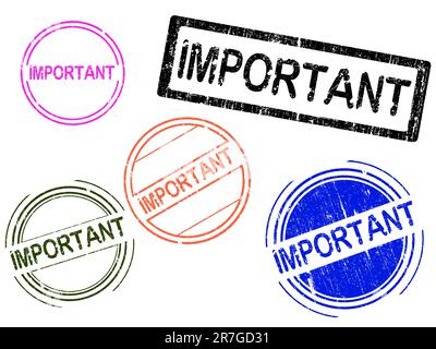 5 Grunge Effect Office Stamp avec le mot IMPORTANT dans un texte grunge spladged. (Les lettres ont été spécialement conçues et créées à la main) Illustration de Vecteur
