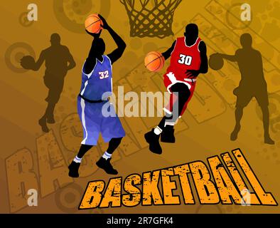 Joueurs d'action, sur fond grunge, illustration vectorielle. Affiche de grunge de basket-ball Illustration de Vecteur