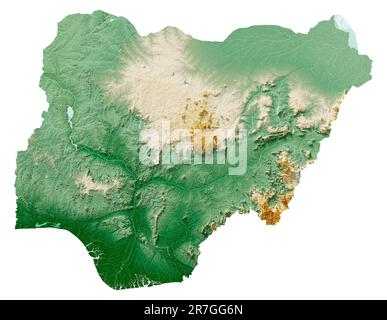 Nigéria. Rendu détaillé en 3D d'une carte de relief ombrée avec des rivières et des lacs. Coloré par élévation. Arrière-plan blanc. Créé avec des données satellite. Banque D'Images