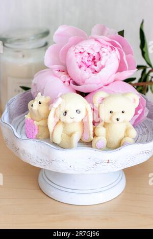 Adorable ours en peluche comestible, lapin et jouets de hamster faits de chocolat blanc avec des pivoines fraîches et des bougies sur les fonds. Cadeau pour bébé Banque D'Images