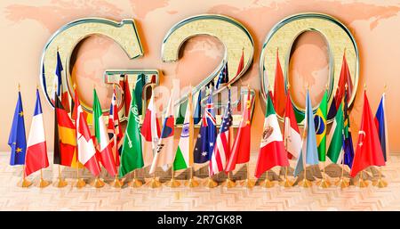 G20 concept de réunion, drapeaux de tous les membres G20 dans la salle. 3D rendu Banque D'Images