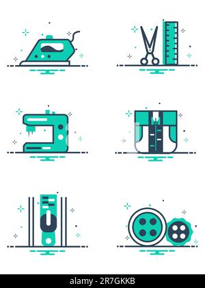 icônes vectorielles de machines à coudre et objets de tissu et de fil isolés sur un fond blanc Banque D'Images