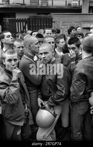 Skinheads portant la marque déposée Bomber Jackets et coiffure skinhead afin de paraître dur. Ils sont à un front national, 'Defend Our Old Folk rapatriate Muggers' rassemblement et défilent à travers Southwark. Southwark, South London Angleterre 1980s 1980. HOMER SYKES Banque D'Images