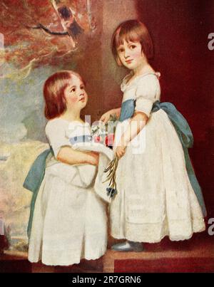 La légende du début de 1900s est la suivante : « The Horsley Children by George Romney. Peu de peintres ont rivalisé avec Romney pour exprimer la simplicité et la naïveté des enfants. Ces portraits de Maître George et de Mlle Charlotte Horsley sont d'excellents exemples de sa maîtrise d'une pose sans art et de la réticence de sa couleur. Comment délicieusement les fleurs se disent contre les robes blanches. » George Romney (1734-1802) était un peintre de portrait anglais. Il a été l'artiste le plus à la mode de son époque, peignant de nombreuses personnalités de la société – y compris sa muse artistique, Emma Hamilton, maîtresse de Lord Nelson. Banque D'Images