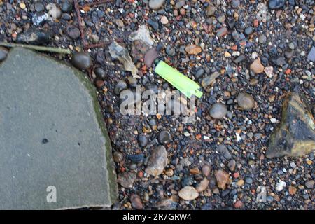 Pollution lavée assure sur la plage - dommages environnementaux à la faune et à son écosystème - à Londres le long de la Tamise Banque D'Images