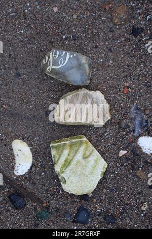 Pollution lavée assure sur la plage - dommages environnementaux à la faune et à son écosystème - à Londres le long de la Tamise Banque D'Images