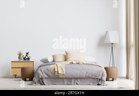 Cette chambre contemporaine dispose d''un lit moelleux contre un mur blanc. 3d rendu. Banque D'Images