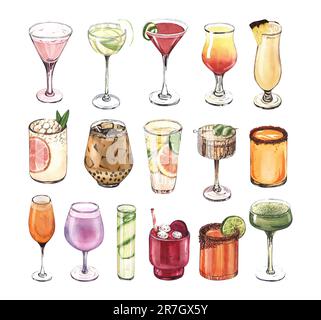 Ensemble de verres à cocktail aquarelle : martini, gin, vin, margarita, gobelet, liqueur, rhum. Illustration dessinée à la main isolée sur fond blanc. Parfait pour Banque D'Images