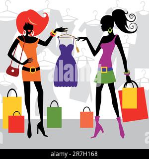 Deux filles de shopping de mode ou des femmes avec des sacs, la recherche de nouveaux vêtements. Graphique vectoriel entièrement évolutif pour faciliter le montage et le changement de couleur. Illustration de Vecteur