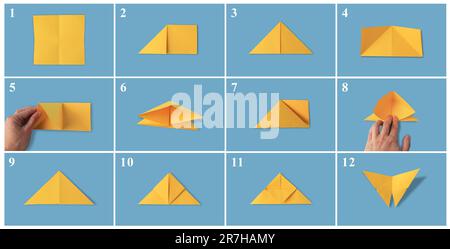 Art origami Réalisation de papillon en papier jaune étape par étape, collage de photos sur fond bleu clair Banque D'Images