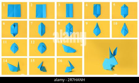 Art origami Fabrication de lapin en papier bleu clair étape par étape, collage de photos sur fond jaune Banque D'Images