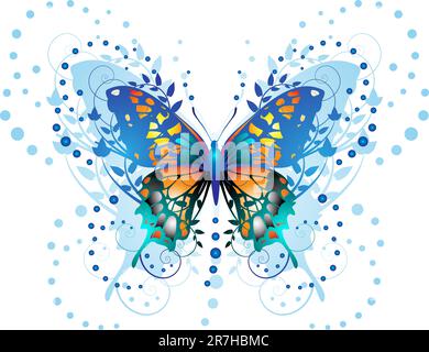 Papillon stylisé avec des boucles en forme de brindilles isolées sur fond blanc Illustration de Vecteur