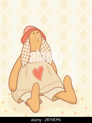 Joli lapin assis dans une robe sur un fond rétro Illustration de Vecteur