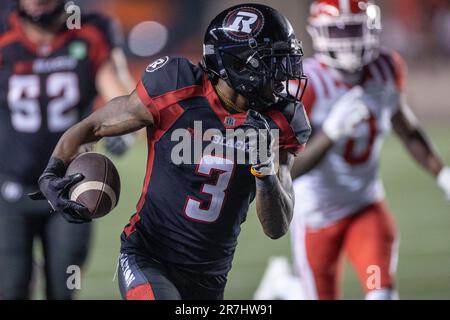 (Ottawa, Canada---15 juin 2023) Quan Bray (3) des Noirs d'Ottawa dans la Ligue canadienne de football (LCF) action de saison régulière entre les Stampeders de Calgary aux Noirs d'Ottawa. Photographie Copyright Sean Burges / Mundo Sport Images 2023. Banque D'Images