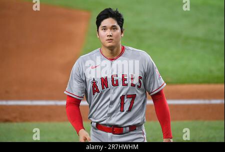 Arlington, Texas, États-Unis. 15th juin 2023. Le pichet des Anges de Los Angeles Shohei Ohtani revient au dugout pendant le sixième repas d'un match de MLB contre les Texas Rangers au Globe Life Field d'Arlington, au Texas. Austin McAfee/CSM/Alamy Live News Banque D'Images