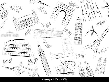 Illustration vectorielle transparente des vues de certains pays européens. Noir et blanc. Illustration de Vecteur
