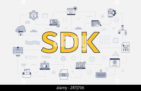 concept de kit de développement logiciel sdk avec jeu d'icônes avec gros mot ou texte sur illustration vectorielle centrale Banque D'Images