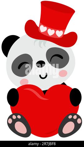 Adorable panda avec chapeau de Valentin tenant un coeur rouge Banque D'Images