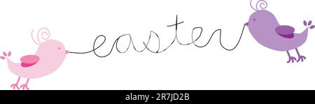 Oiseaux mignons tenant une ficelle de Pâques dans des chênes Illustration de Vecteur