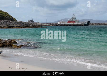 Point d'ancrage du traversier Caledonian MacBrayne au terminal de ferry d'Eriskay, Hebrides, Hébrides extérieures, Îles de l'Ouest, Écosse, Royaume-Uni, Grande-Bretagne Banque D'Images