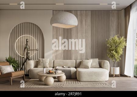 Intérieur confortable dans des tons pastel clairs avec panneaux muraux en bois et voûte plantaire Banque D'Images