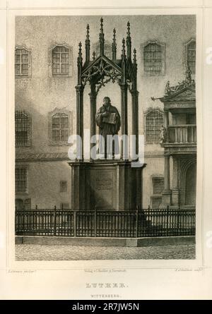 Europa, Deutschland, Sachsen-Anhalt, Wittenberg, Luther Denkmal , Stahlstich aus : ' Deutsche Ehrenhalle ', die grossen Männer des deutschen Volkes in ihren Denkmalen, mit lebensgeschichtlichen Abbrissen von Dr. Wilhelm Buchner . Verlag von C. Köhler jr., Darmstadt, 1862. / Europe, Allemagne, Saxe-Anhalt, Wittenberg, Luther Memorial, Gravure en acier de : ' Deutsche Ehrenhalle ' ( salle d'honneur allemande ) , texte de Dr. Wilhelm Buchner, publié par C. Köhler jr., Darmstadt, 1862. Banque D'Images