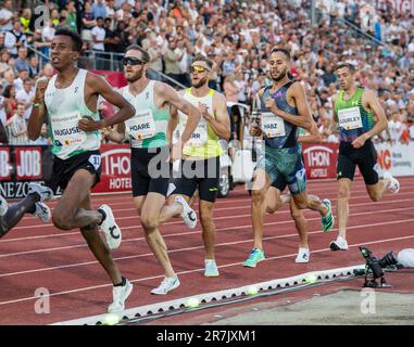 Yared Nuguse des États-Unis, Oliver Hoare d'Australie et Josh Kerr de GB & ni en compétition aux Oslo Bislett Games, Wanda Diamond League, Bislett Stadium, Oslo Norvège, le 15th juin 2023. Photo Gary Mitchell Banque D'Images