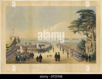 Atterrissage du Commodore Perry, officiers et hommes de l'escadron, pour rencontrer les commissaires impériaux à Yoku-hama, Japon, 8 mars 1854 1855 Banque D'Images