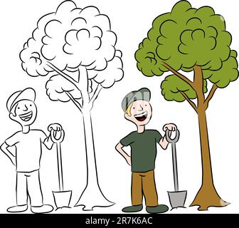 Une image d'un homme de planter un jeune arbre arbre. Illustration de Vecteur