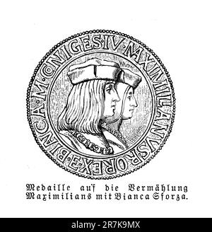 Médaille avec les portraits de Maximilian I Saint empereur romain et de sa deuxième femme Bianca Maria Sforza.il s'est proclamé élu empereur brisant la tradition d'un couronnement papal. Banque D'Images