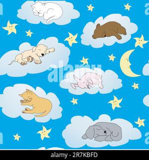 Arrière-plan avec de jolis animaux qui dorment sur des nuages Illustration de Vecteur