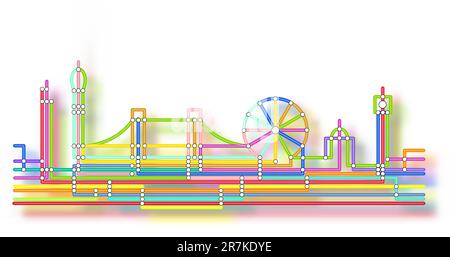 Motif abstrait vectoriel modifiable de la ligne d'horizon de Londres dans le style d'une carte souterraine avec une lueur d'arrière-plan réalisée à l'aide d'un maillage dégradé Illustration de Vecteur