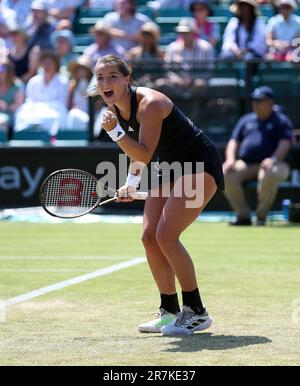 Jodie Burrage fête sa victoire après son quart de finale contre Magdalena Frech (non représenté) le cinquième jour de l'Open de Rothesay 2023 au Nottingham tennis Centre. Date de la photo: Vendredi 16 juin 2023. Banque D'Images