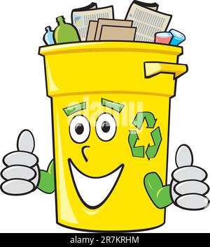 Un sourire jaune caricature bac de recyclage donnant deux pouces vers le haut. Illustration de Vecteur