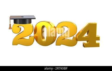 Icône de classe 2024 3D. Modèle de conception avec Cap et chiffres pour les diplômés de la formation de félicitations. Illustration typographique de remise des diplômes en or pour la cérémonie, la fête Banque D'Images