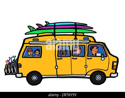 Un groupe de famille dans un véhicule de camping-car avec planche de surf et vélos Voyage camping en plein air voyage sur route vacances liberté style de vie. Banque D'Images