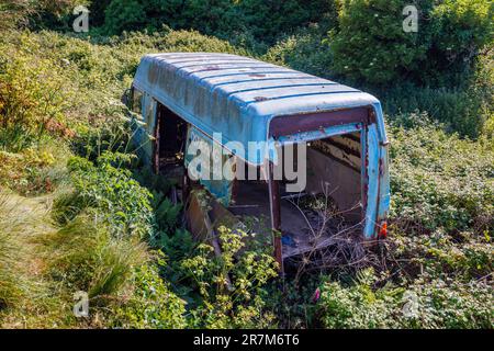 Une fourgonnette bleue surcultivée, abandonnée et en voie de désintégration a été jetée à Marloes, un petit village près de la côte de Pembrokeshire, dans le sud-ouest du pays de Galles, au Royaume-Uni Banque D'Images