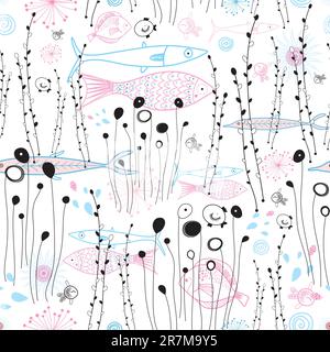 motif fleuri sans couture avec motif noir sur poisson blanc Illustration de Vecteur